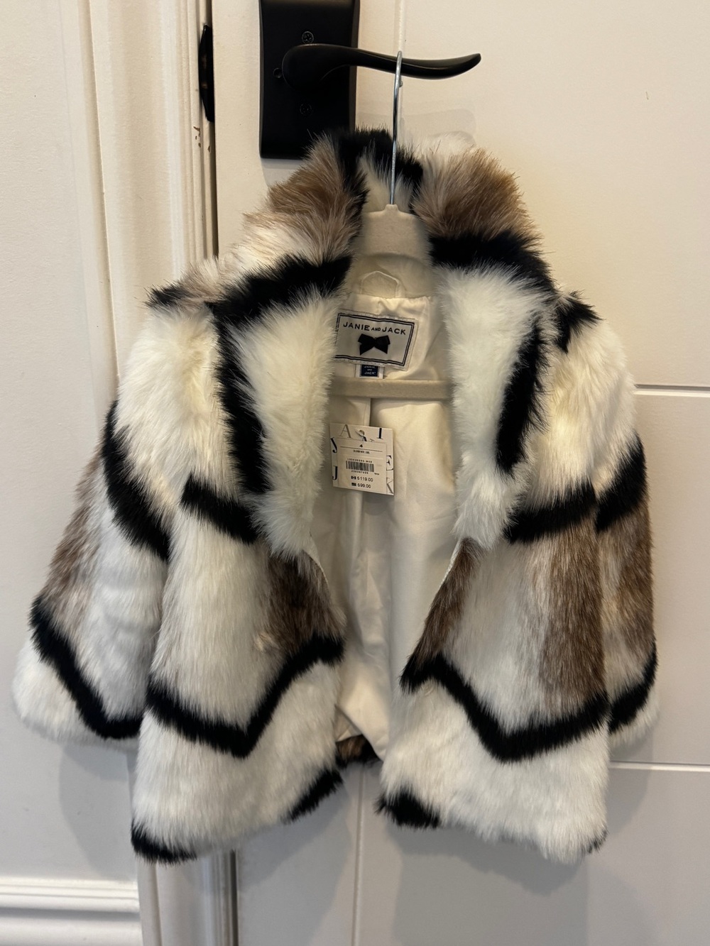 Janie and Jack Girls Faux Fur Chevron Jacket in White, Black & Brown